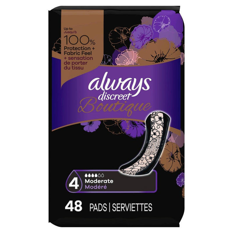 Always Discreet Boutique Incontinence and Postpartum Incontinence Pads - Moderate Absorbency - Regular Length - 48ct