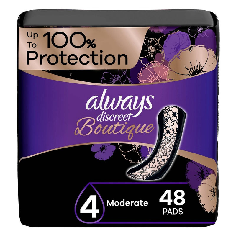 Always Discreet Boutique Incontinence and Postpartum Incontinence Pads - Moderate Absorbency - Regular Length - 48ct