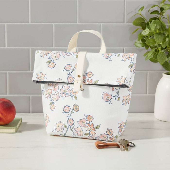 Printed Canvas Roll Top Lunch Tote White Floral - Threshold™