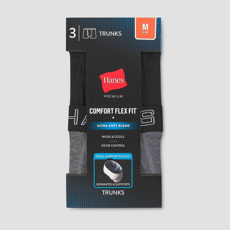 Hanes Premium Men's 3pk Trunks with Anti Chafing Total Support Pouch - Black/Gray XL