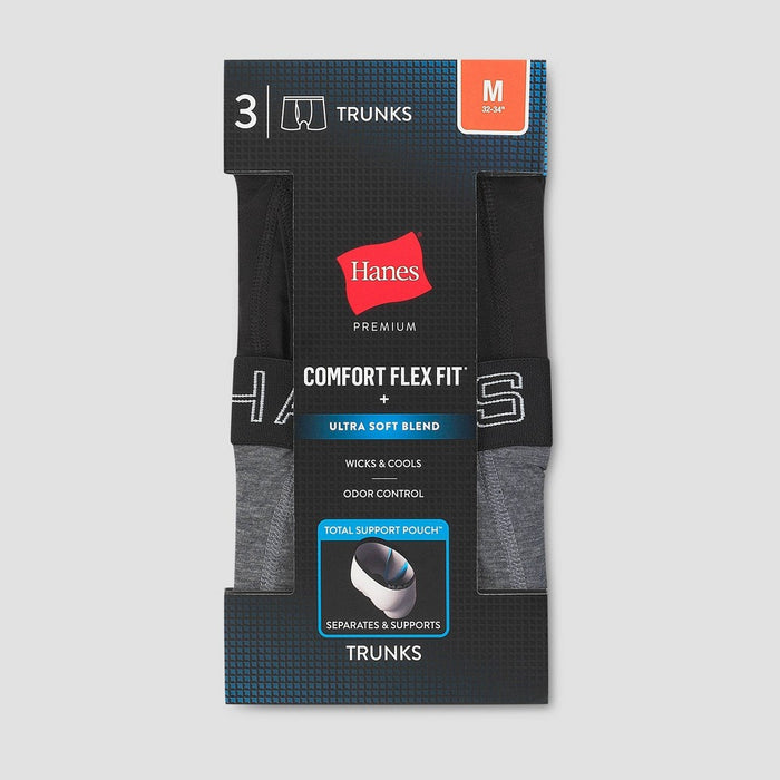 Hanes Premium Men's 3pk Trunks with Anti Chafing Total Support Pouch - Black/Gray XL