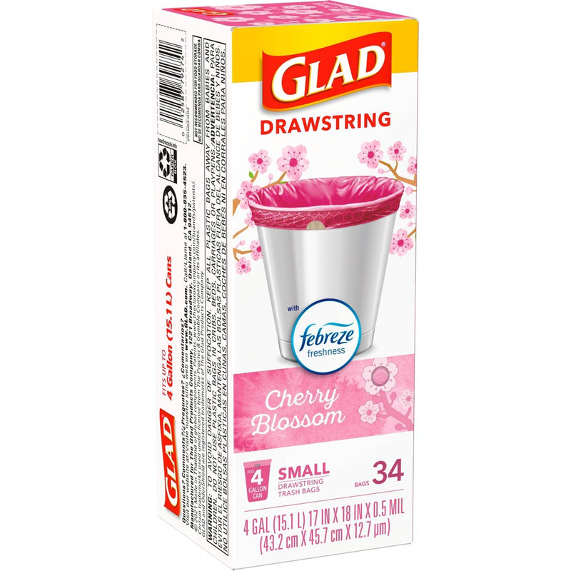 Glad Small Drawstring Trash Bags - Cherry Blossom - 34ct/4 Gallon