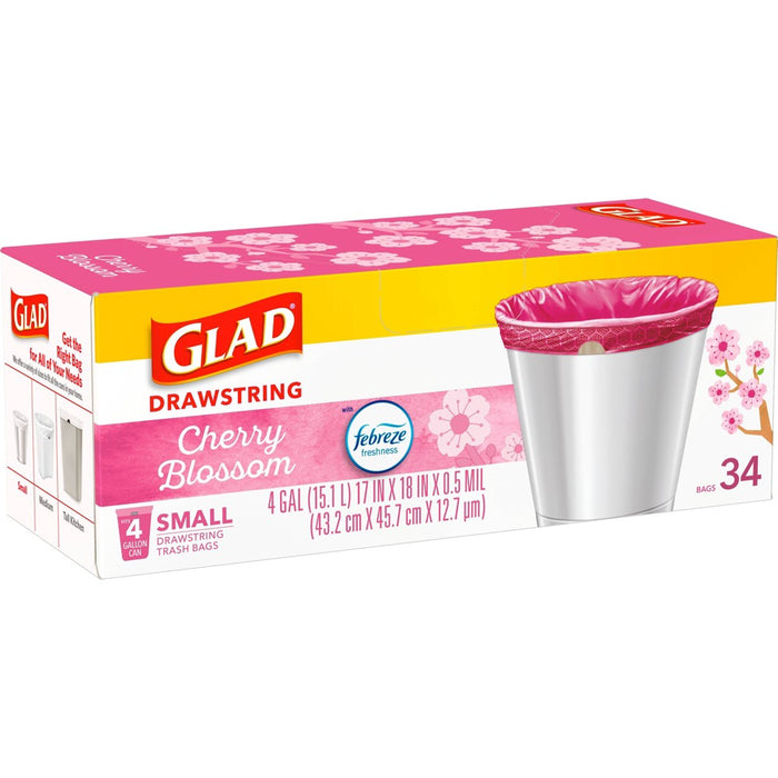 Glad Small Drawstring Trash Bags - Cherry Blossom - 34ct/4 Gallon