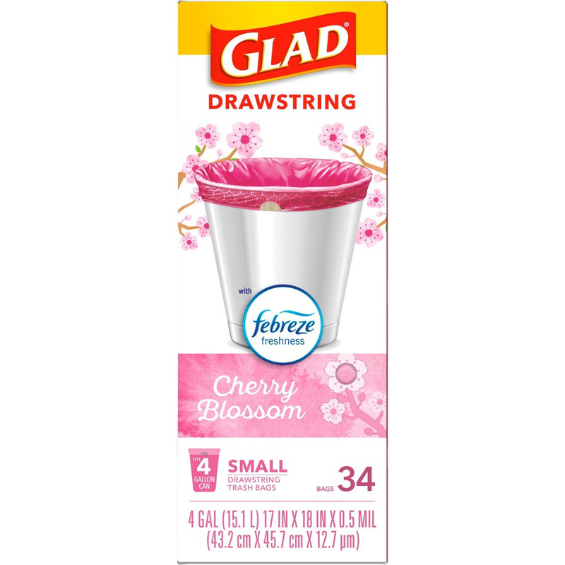 Glad Small Drawstring Trash Bags - Cherry Blossom - 34ct/4 Gallon