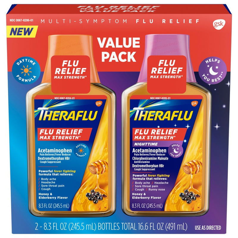 Theraflu Multi-Symptom Flu Relief Max Strength Day & Night Liquid - Honey Elderberry - 16.6 fl oz