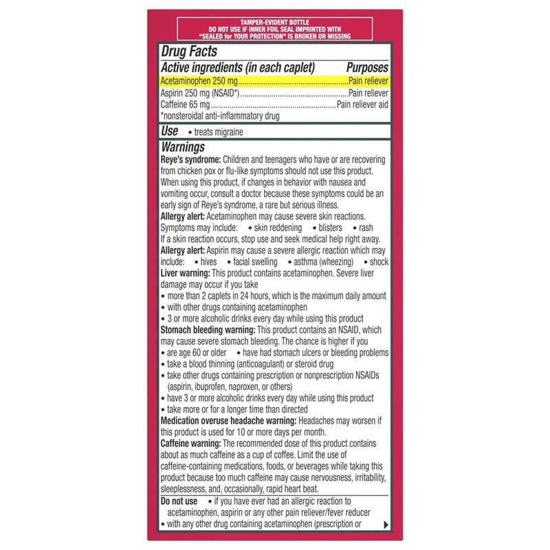 Excedrin Migraine Pain Reliever Caplets - Acetaminophen/Aspirin (NSAID) - 100ct