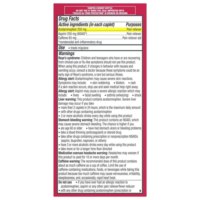 Excedrin Migraine Pain Reliever Caplets - Acetaminophen/Aspirin (NSAID) - 100ct
