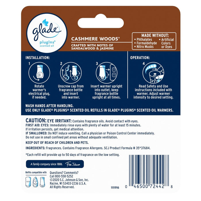 Glade PlugIns Scented Oil Air Freshener Cashmere Woods Refill - 1.34oz/2ct