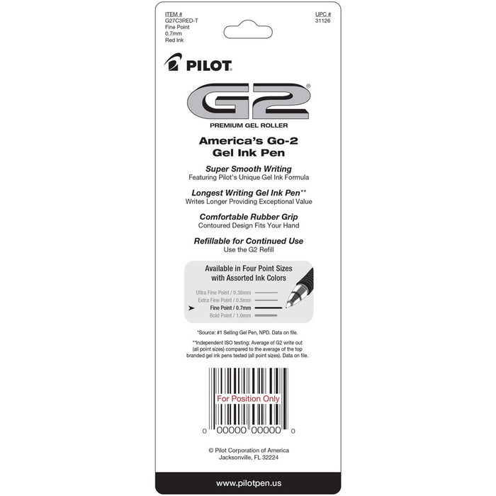 Pilot 3ct G2 Premium Retractable Gel Pens Fine Point 0.7mm Red Ink