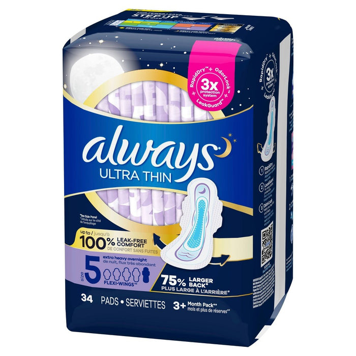Always Ultra Thin Extra Heavy Overnight Pads - Size 5 - 34ct