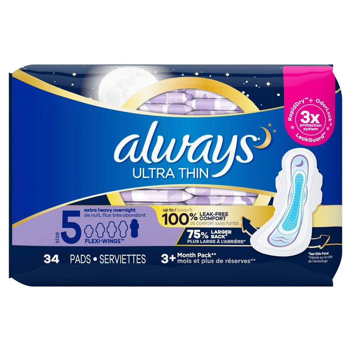 Always Ultra Thin Extra Heavy Overnight Pads - Size 5 - 34ct