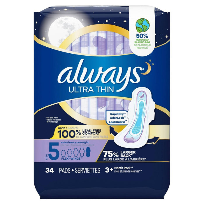 Always Ultra Thin Extra Heavy Overnight Pads - Size 5 - 34ct
