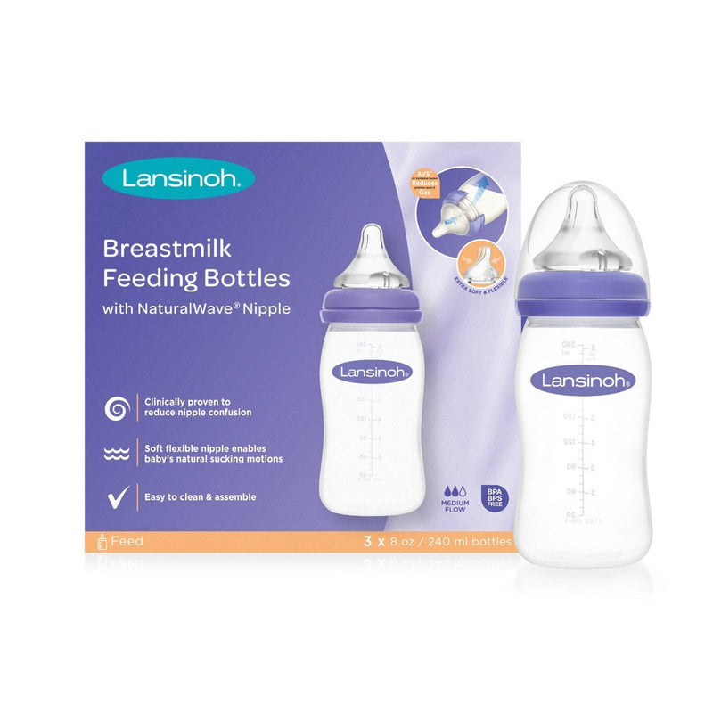 Lansinoh Baby Bottles for Breastfeeding Babies with 3 Medium Flow Nipples (Size 3M) - 8oz/3ct
