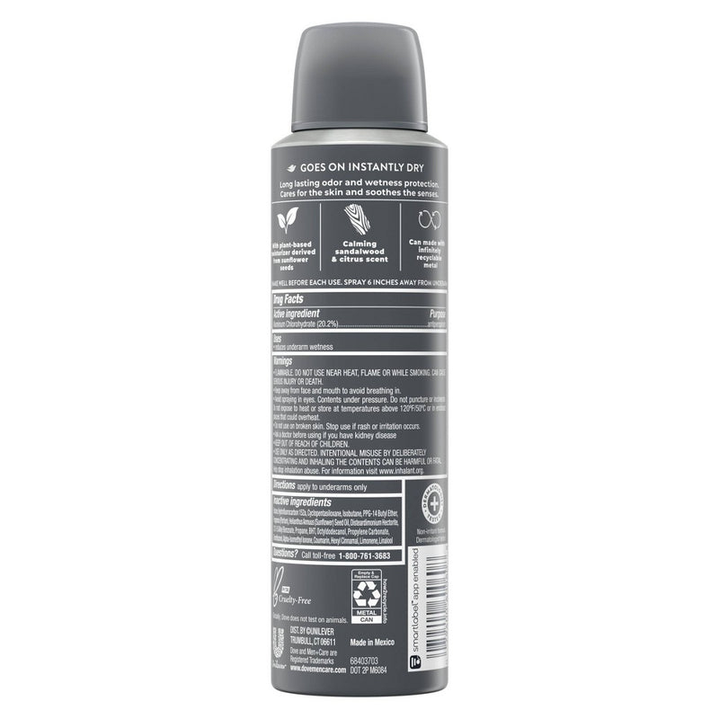 Dove Men+Care Soothing Sandalwood + Orange Plant Based Antiperspirant & Deodorant Dry Spray - 3.8oz