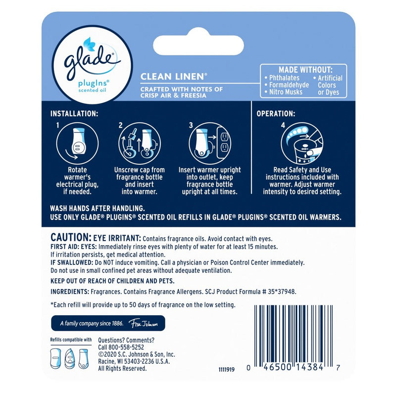 Glade PlugIns Scented Oil Air Freshener Clean Linen Refill - 1.34oz/2ct