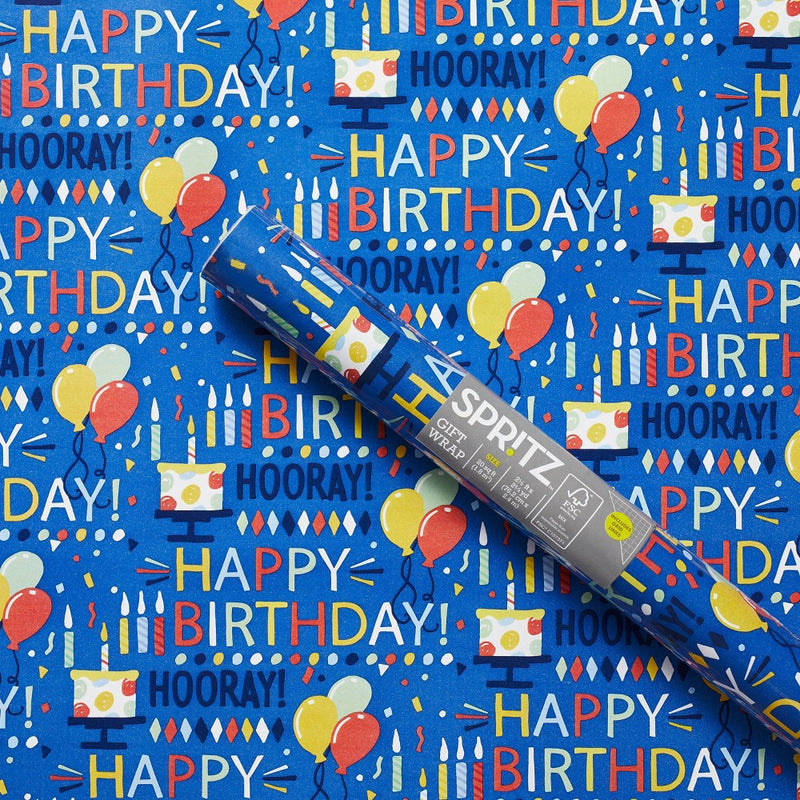 "Happy Birthday" Script and Balloons Gift Wrapping Paper Blue - Spritz™ (LOCAL PICKUP ONLY)