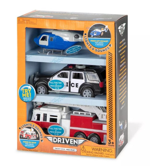 DRIVEN – Small Toy Emergency Vehicle Set – Micro Rescue Fleet - 3 pk