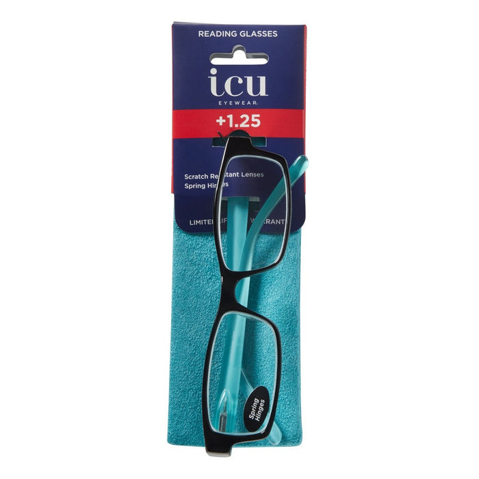 ICU Eyewear Berryessa Large Black with Turquoise Interior Reading Glasses +1.25