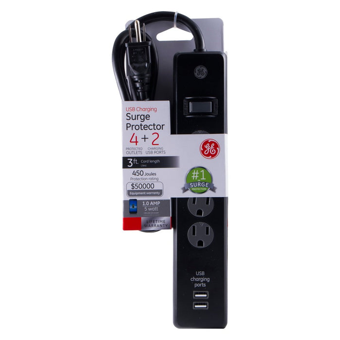 4-Outlet Surge Protector Power Strip with 2-Port USB - General Electric