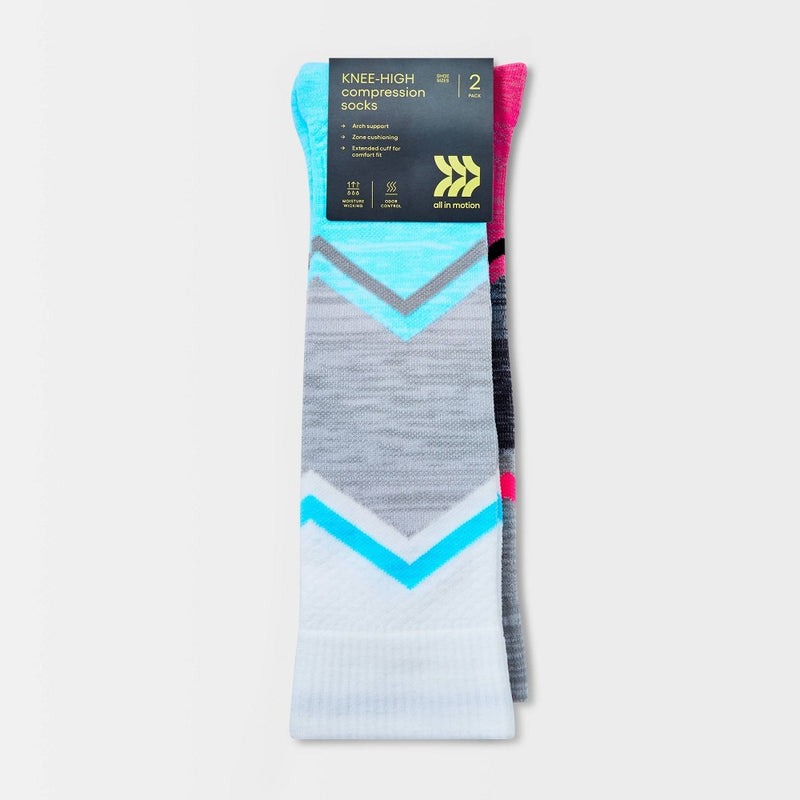 Women's Chevron Colorblock Compression 2pk Knee High Athletic Socks - All in Motion™ - White/Gray 4-10
