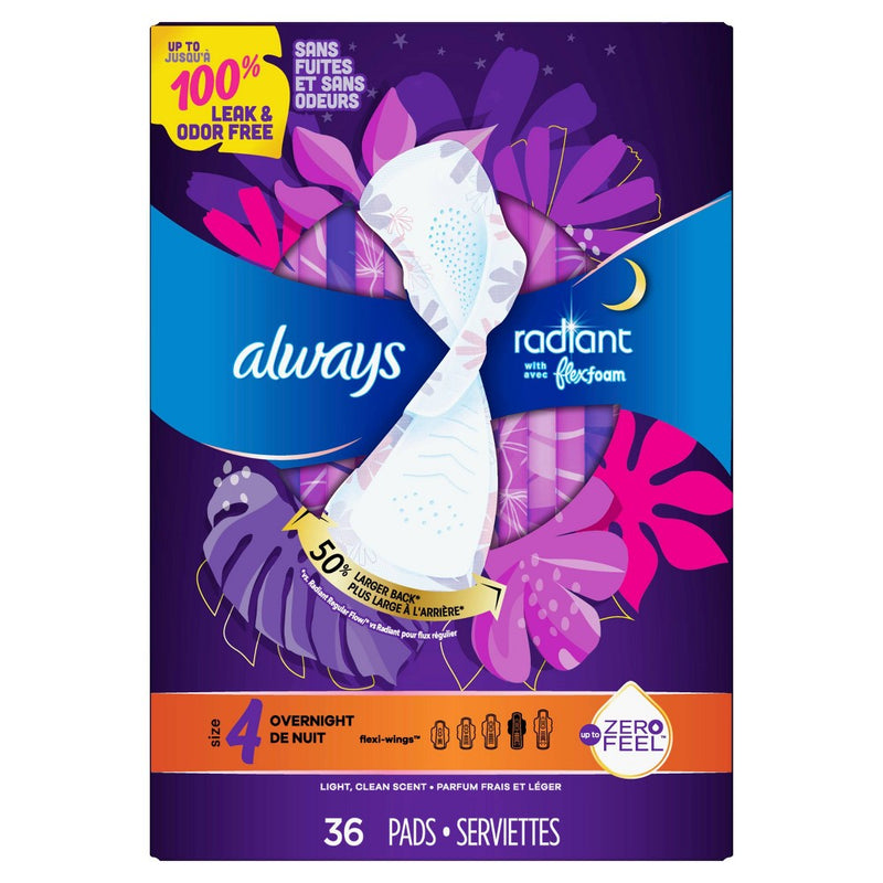 Always Radiant Overnight Sanitary Pads with Wings - Scented - Size 4- 36ct