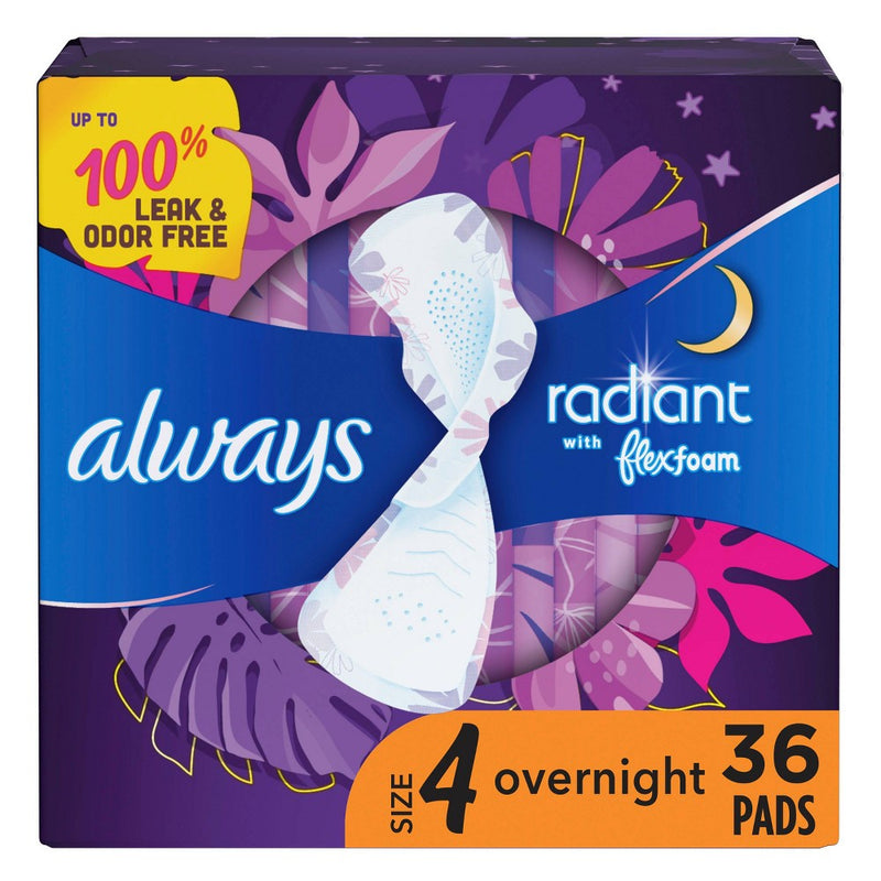 Always Radiant Overnight Sanitary Pads with Wings - Scented - Size 4- 36ct