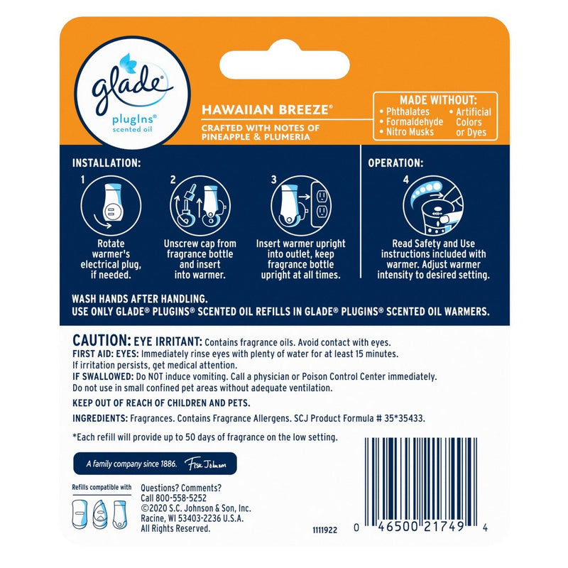 Glade PlugIns Scented Oil Air Freshener Hawaiian Breeze Refill - 1.34oz/2ct