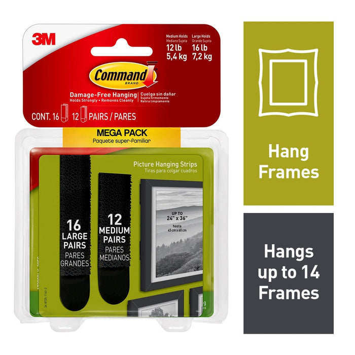 Command 28pc M/L Black Picture Hanging Strips (12 Medium, 16 Large pairs)
