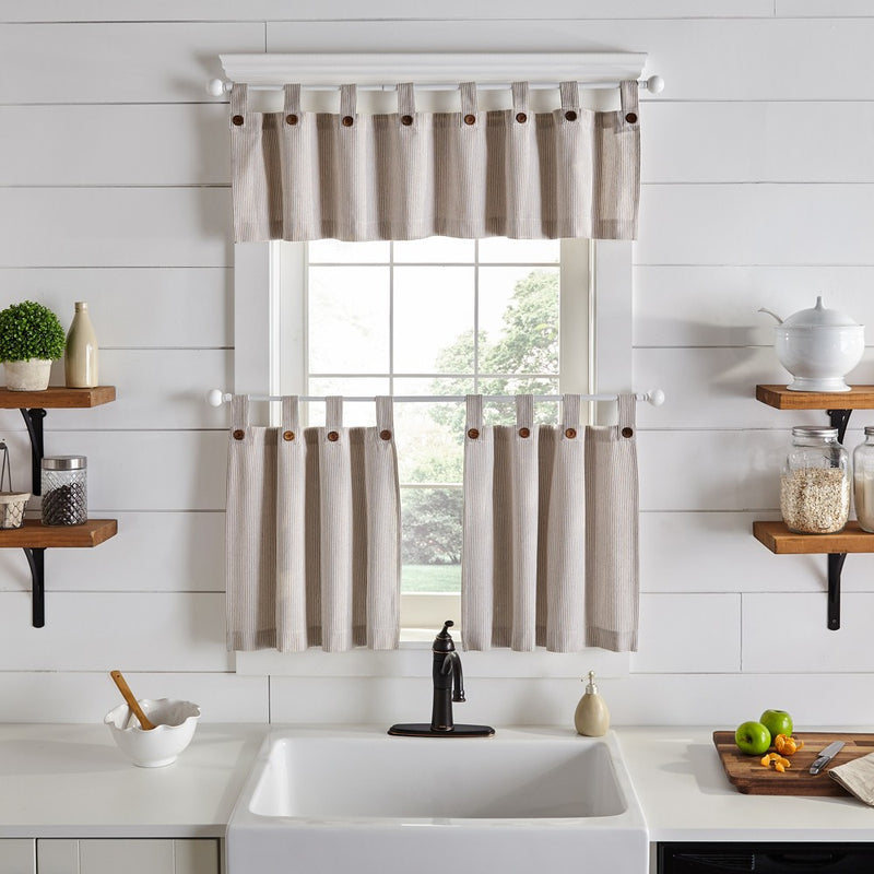 Tucker Ticking Stripe Button Tab Top Window Kitchen Tier Set of 2 - 30" x 24" - Linen - Elrene Home Fashions