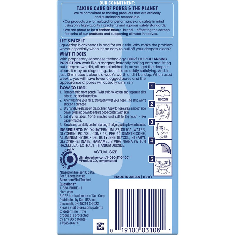 Biore Deep Cleansing Pore Strips, Original, Blackhead Remover Strips, Oil Free, Pore Unclogging - 8ct
