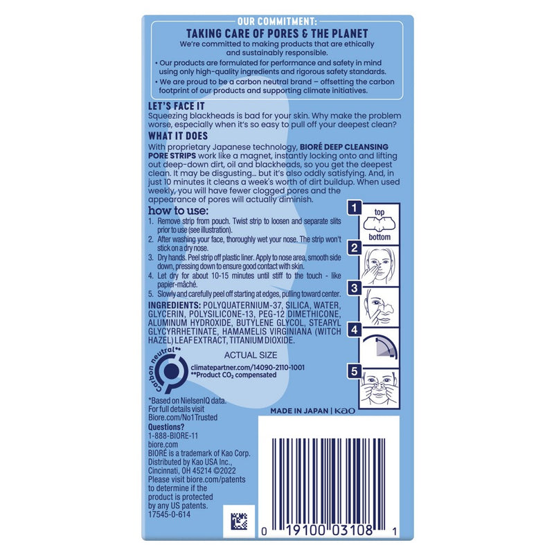 Biore Deep Cleansing Pore Strips, Original, Blackhead Remover Strips, Oil Free, Pore Unclogging - 8ct