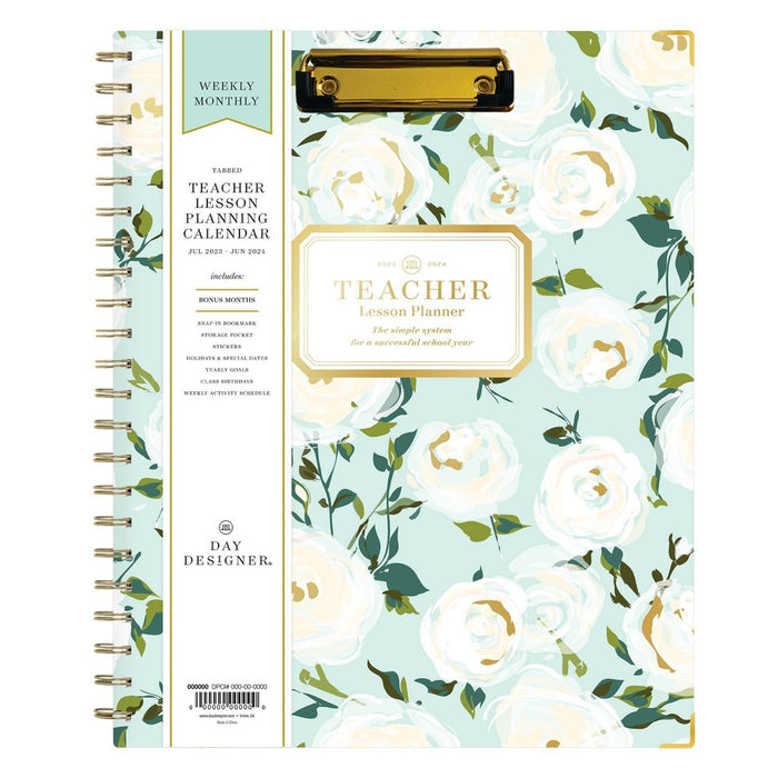 Day Designer 2023-24 Academic Teacher Lesson Planner Clipboard 8.5"x11" Weekly/Monthly Coming Up Roses Mint
