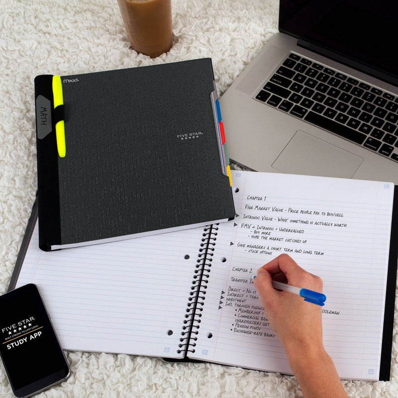 Five Star 200 Sheets 5 Subject College Ruled Spiral Notebook with Pocket Dividers Black