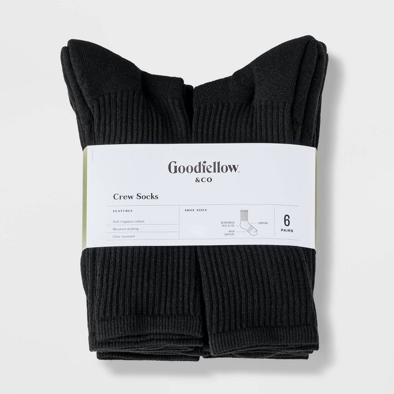 Men's Odor Resistant Crew Socks 6pk - Goodfellow & Co™ Black 6-12