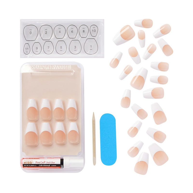 KISS Products Salon Acrylic Medium Coffin French Manicure Fake Nails Kit - Je T'aime - 31ct