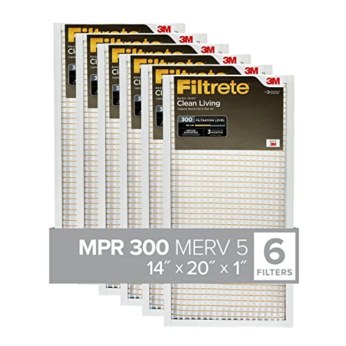 Filtrete 14x20x1 Air Filter, MPR 300, single not set MERV 5, Clean Living Basic Dust 3-Month Pleated 1-Inch Air Filters, 6 Filters