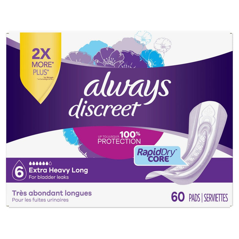 Always Discreet Incontinence and Postpartum Incontinence Pads for Women - Extra Heavy Absorbency - Long Length - 60ct