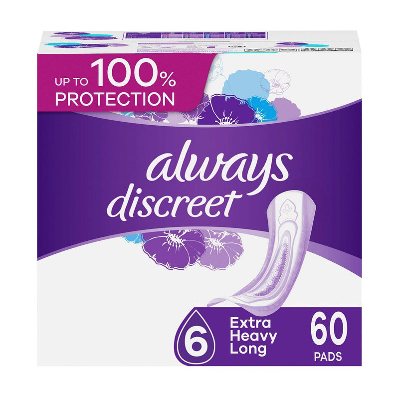 Always Discreet Incontinence and Postpartum Incontinence Pads for Women - Extra Heavy Absorbency - Long Length - 60ct