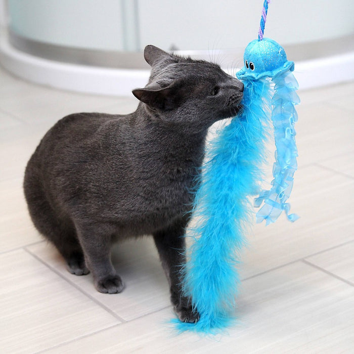 Quirky Kitty Jiggling Jellyfish Wand Cat Toy - Blue