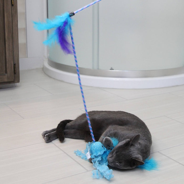Quirky Kitty Jiggling Jellyfish Wand Cat Toy - Blue