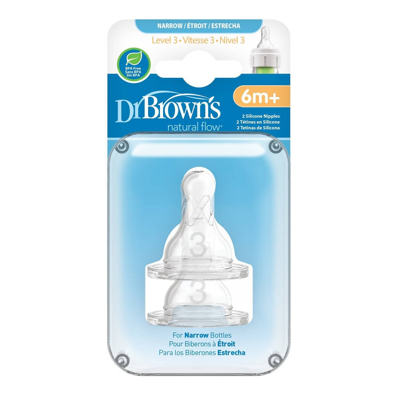 Dr. Brown's Narrow Baby Bottle Nipples - Level 3 - Medium Fast Flow - 6 Months+ - 2pk