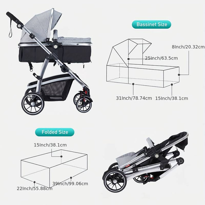 HAGADAY Baby Stroller with Reversible Seat, Canopy, Bassinet - GRAY