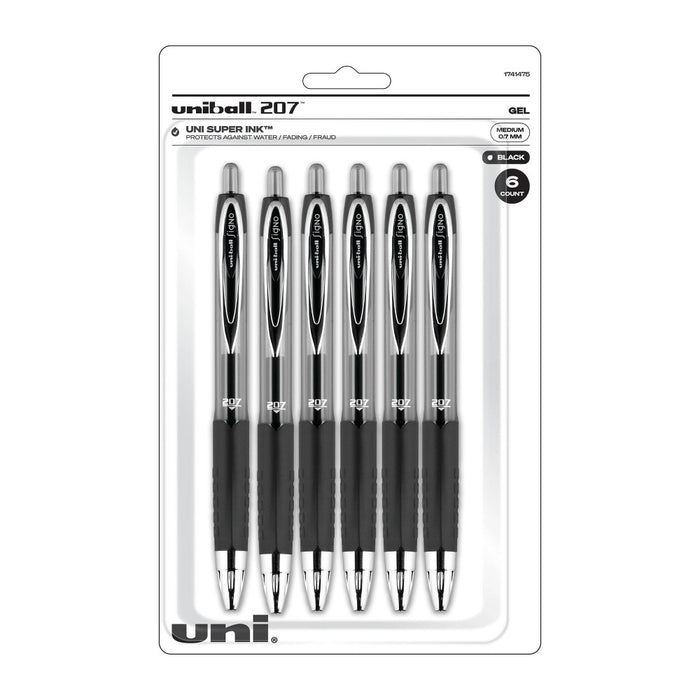 uniball Retractable 207 Black Gel Pens 6ct Click Top 0.7mm Medium Point Pen90