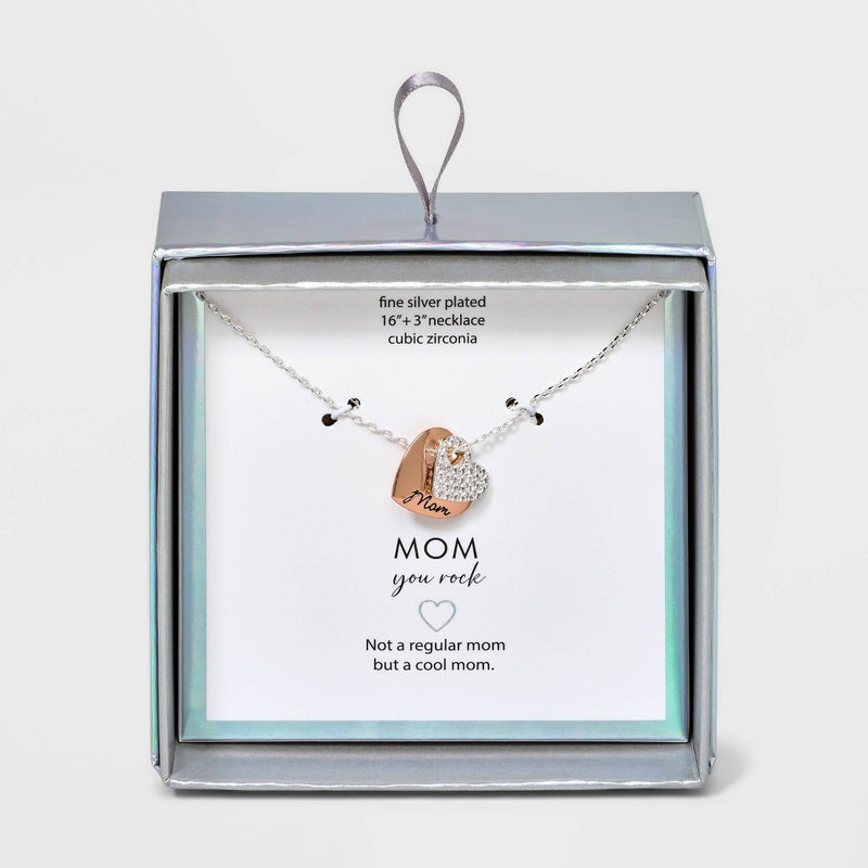 Silver Plated Two-Tone 'Mom' Double Heart Cubic Zirconia Pendant Necklace - Silver
