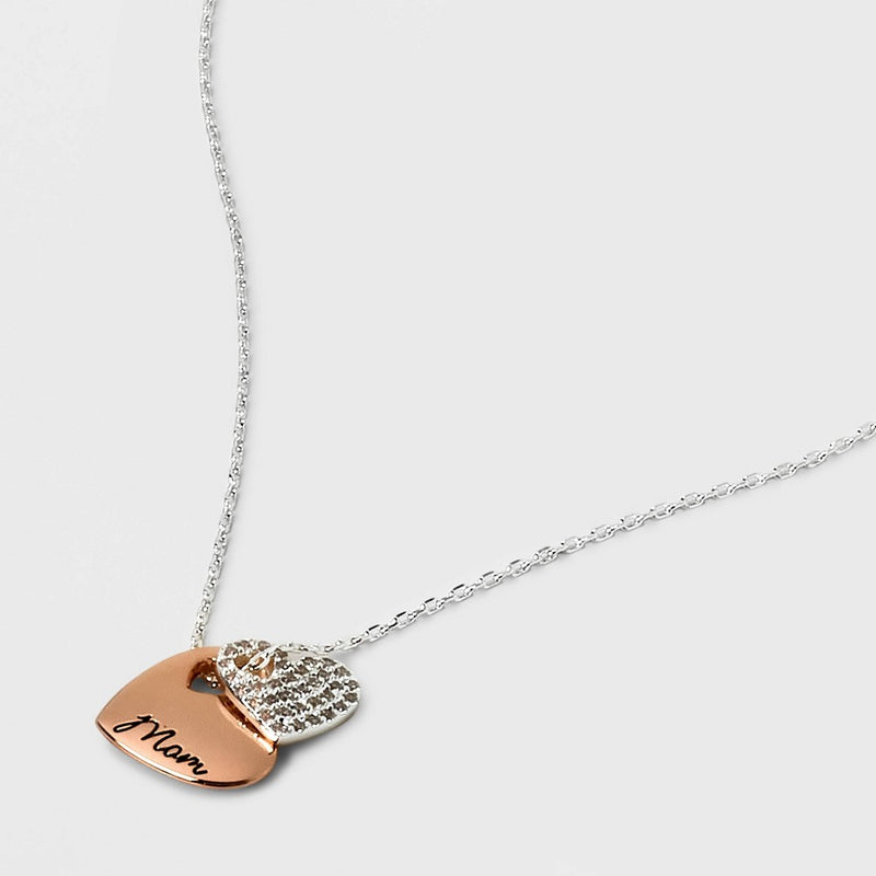 Silver Plated Two-Tone 'Mom' Double Heart Cubic Zirconia Pendant Necklace - Silver