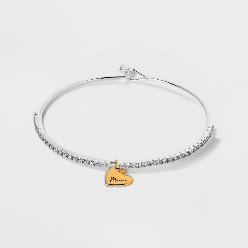Silver Plated Two-Tone 'Mama' Cubic Zirconia Charm Bracelet - Silver