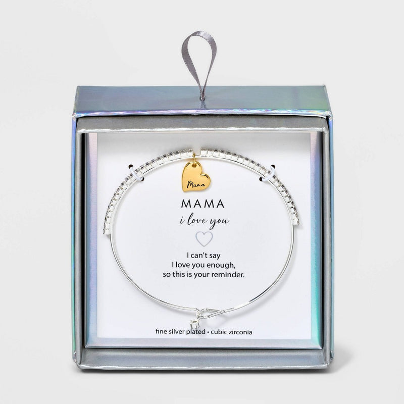 Silver Plated Two-Tone 'Mama' Cubic Zirconia Charm Bracelet - Silver