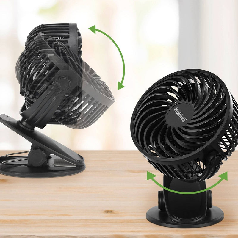 Holmes 4" On-The-Go Portable Clip Rechargeable Battery 360° Rotation Fan Black