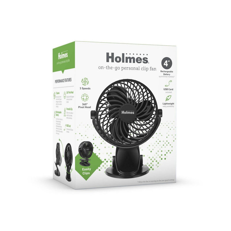 Holmes 4" On-The-Go Portable Clip Rechargeable Battery 360° Rotation Fan Black