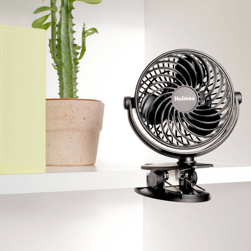 Holmes 4" On-The-Go Portable Clip Rechargeable Battery 360° Rotation Fan Black